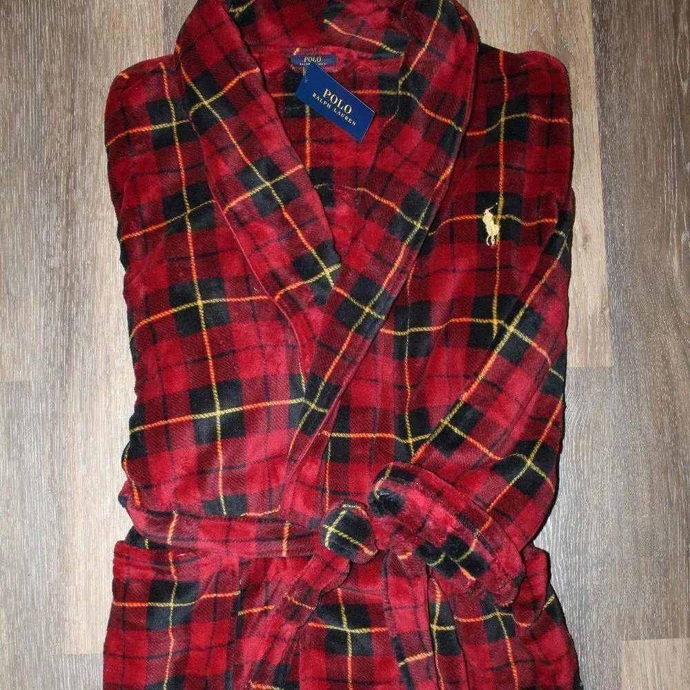 NWT MEN'S POLO RALPH LAUREN PLUSH PLAID BATH ROBE RED BLACK‎ YELLOW